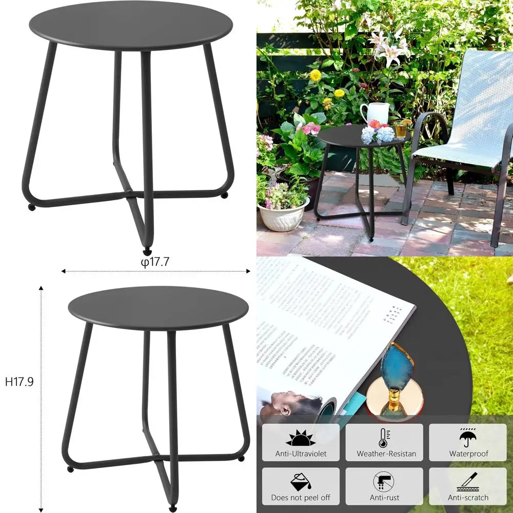 

Compact Waterproof Metal Patio Side Table - Portable Outdoor/Indoor End Table for Garden, Balcony, Yard - Black
