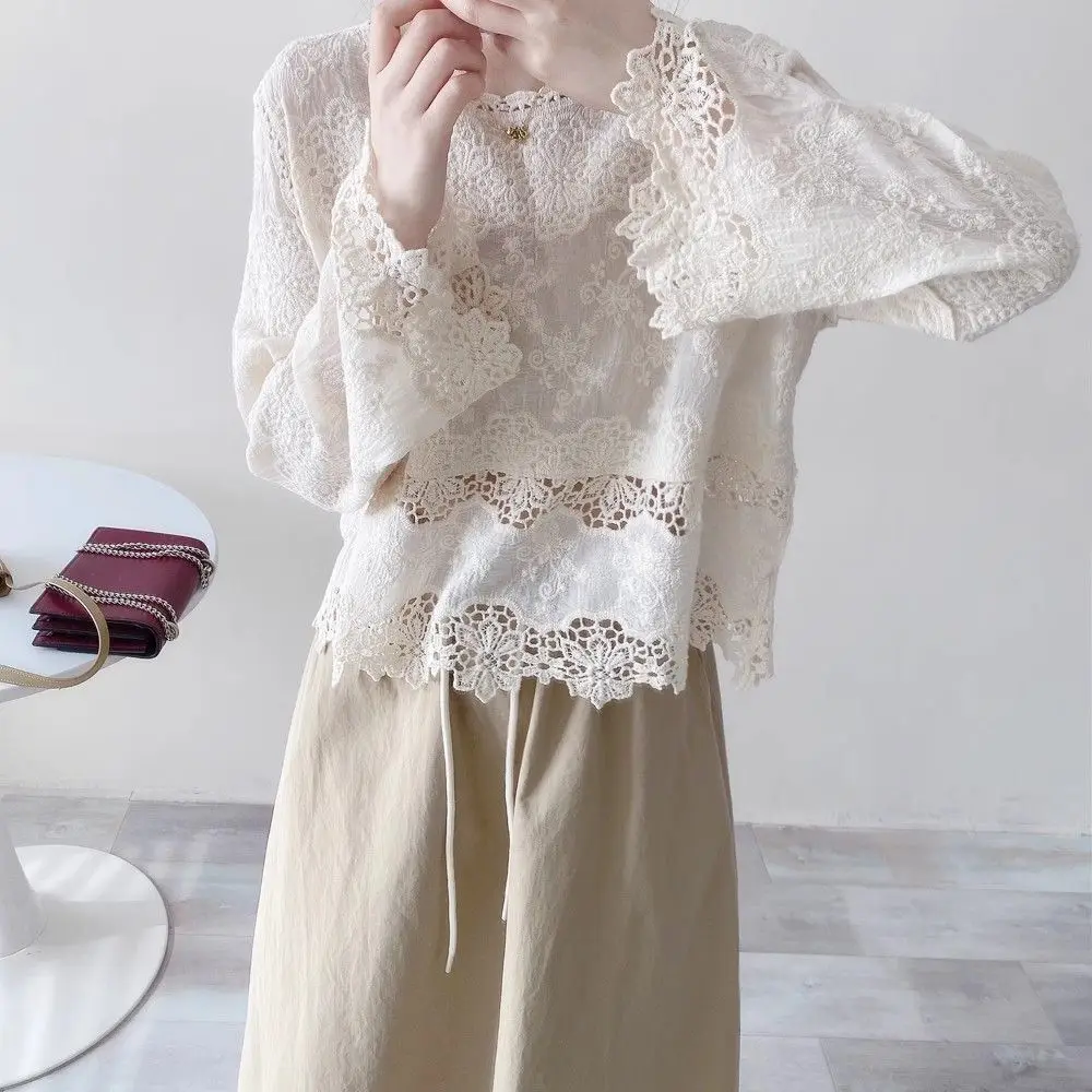 

Женские весенние хлопковые блузки, кружевные вязаные крючком элегантные рубашки с длинными рукавами, топы