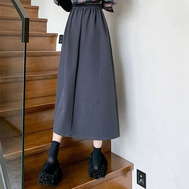 مزاجه الخريف دعوى جديدة التنانير النساء الصلبة مرونة عالية الخصر مطوي موضة مكتب سيدة ألف خط منتصف طول مطوي تنورة