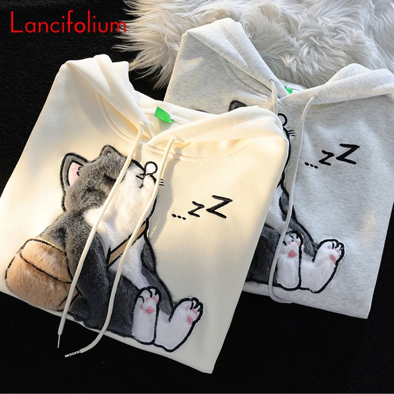 Japanese Vintage Doze To School Muppet Cat Flocking Embroidery Hooded Hoodie Preppy Kawaii Chic Couple Loose Sweatshirt Coat Top