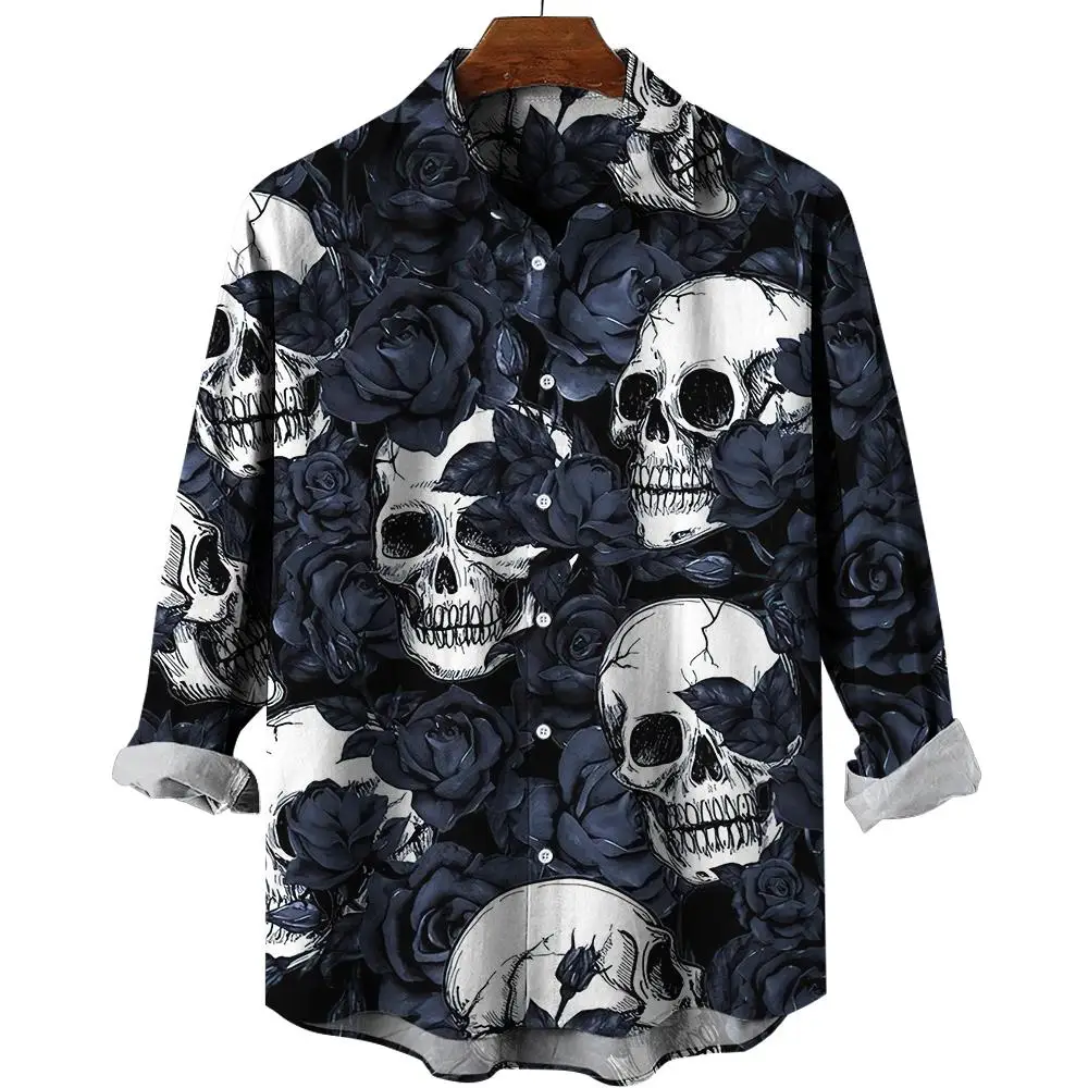 Skull Long Sleeve Shirt 3d Print Party Men\'s Shirt Retro Street Casual Fashion Men Skull Button Long Sleeve Shirt Men Clothing