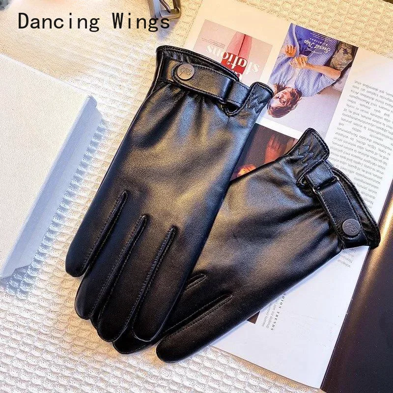 

Genuine Leather Sheepskin Men's Cool Gloves Thick Plush Winter Warm Full Finger Touch Screen Driving Gloves