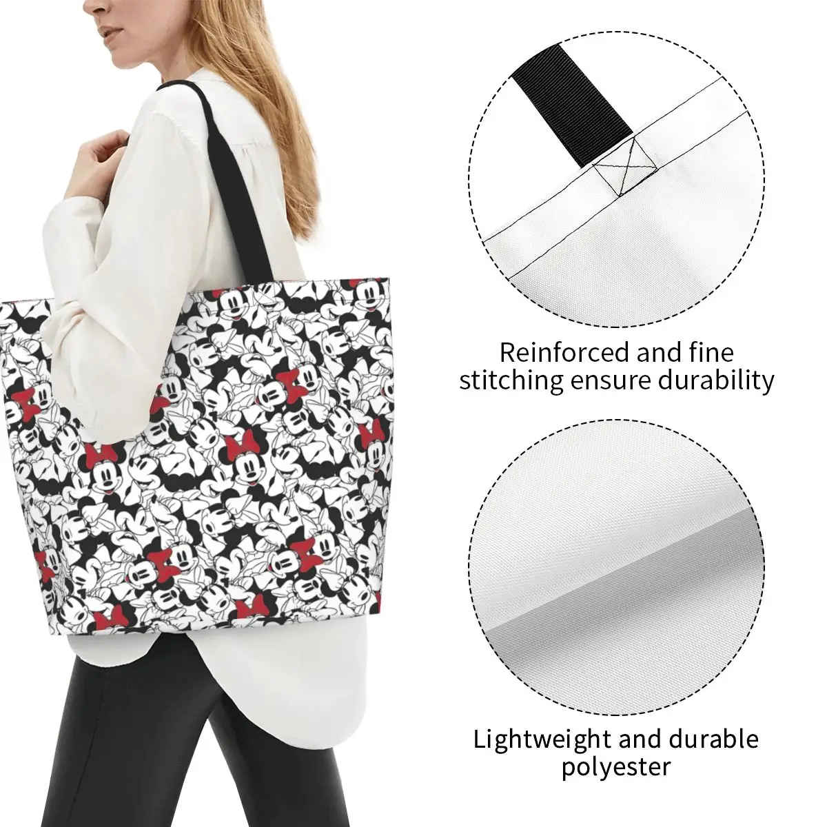 Custom Funny Print Minnie Anime Mickey Mouse Cartoon Pattern Tote Shopping Bag Recycling Canvas Shopper Shoulder Handbag