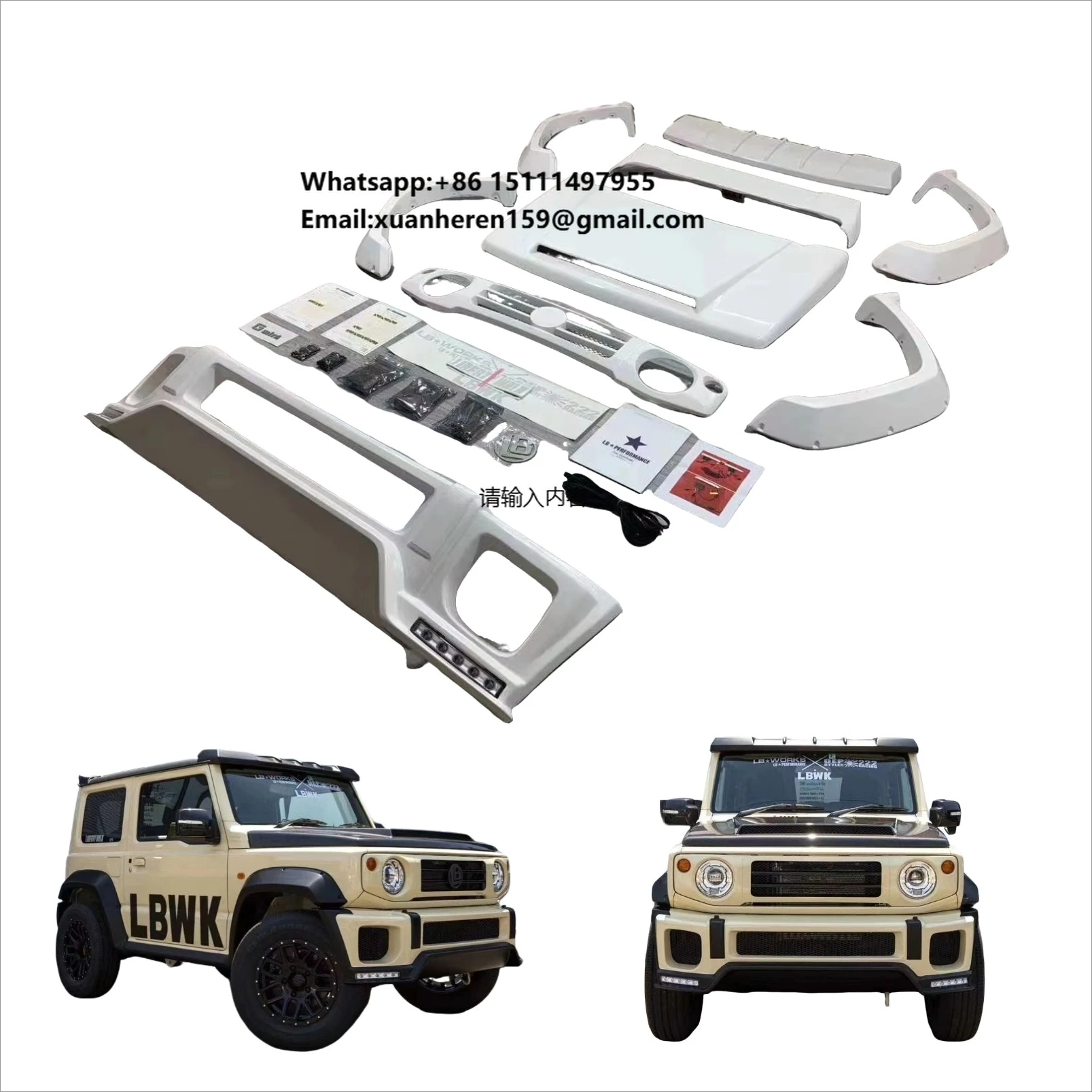 FRP Material for SUZUKI Jimny Upgrade LB Works Style Body Kit Front Bumper Grille Wheel Eyebrow Hood Top Wing Rear Wing Tuning