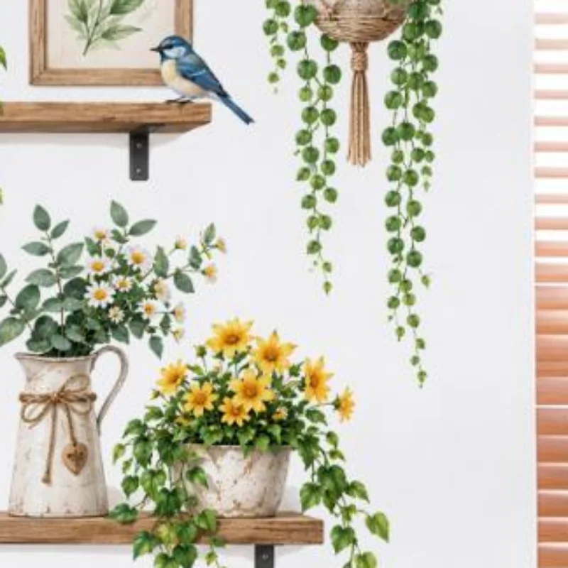 Self-Adhesive Green Vine Butterfly Wall Decals Sunflower Potted Shelf Pattern Stickers for Glass Tile Smooth Wall Decor