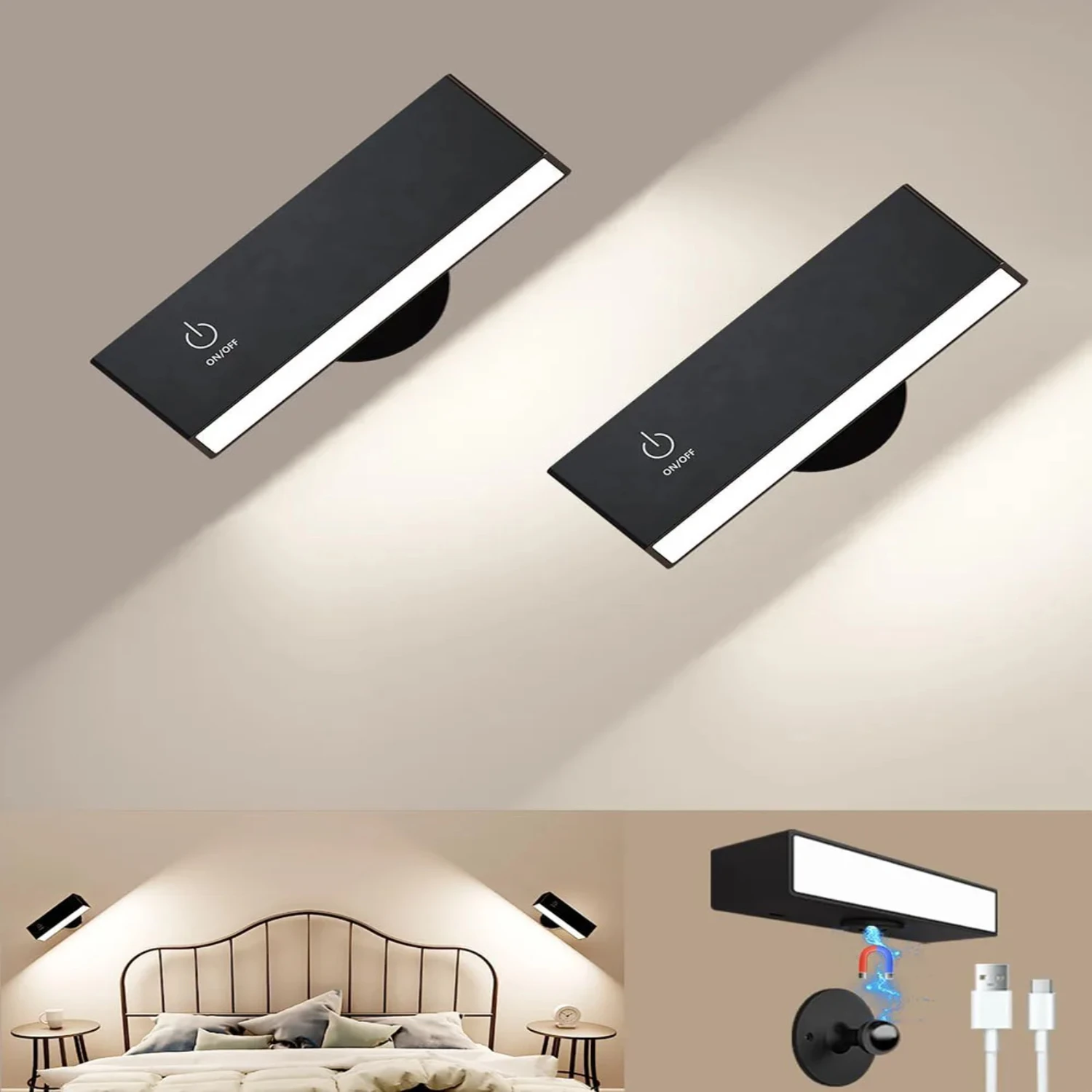 LED Rechargeable Wall Sconces Battery Operated Set Of Mounted Bedside Lamps Removable ° Rotate  Wall Lights