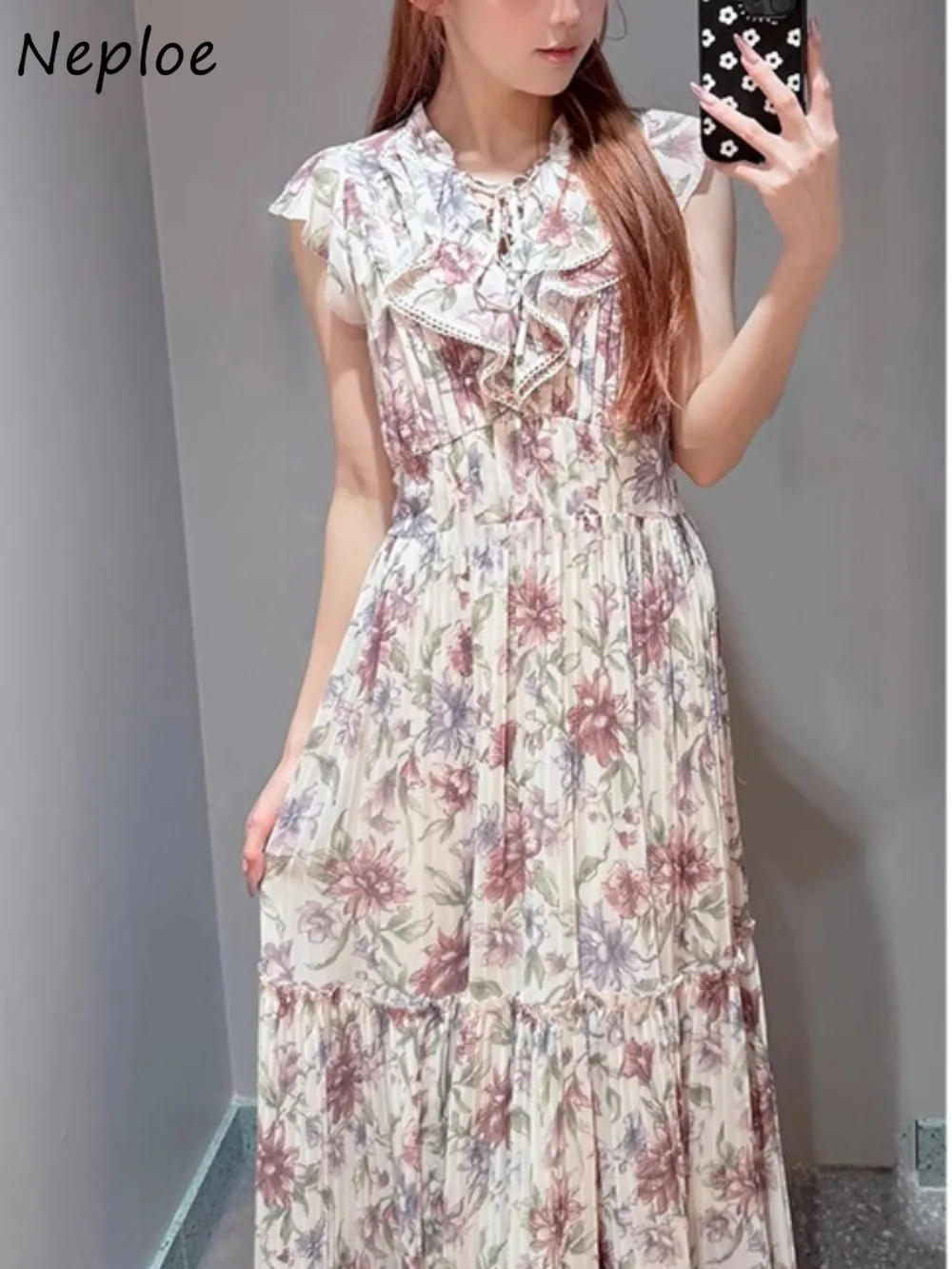 

Neploe New Sweet Ruched Flying Sleeve Mujer Print Slim Waist Mid-length Lace Up Robe Japan Flower Pleated Ruffles Moda Dress