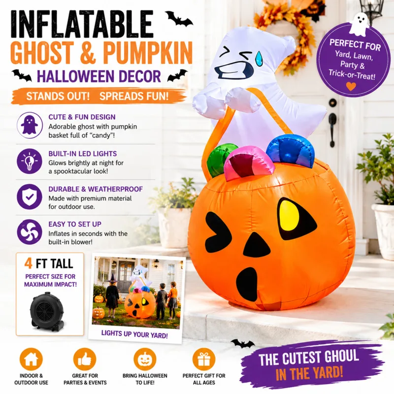 Halloween 150cm Inflatable LED Ghost, Pumpkin Candy Bucket Outdoor, Yard Garden Party Decoration Lighted, Blow Up Ornament Gift