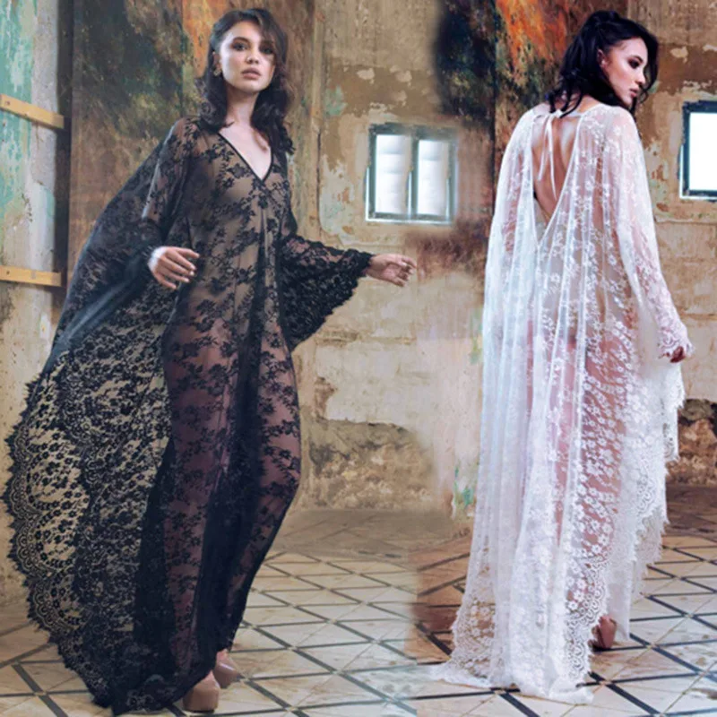 Sexy V-Neck Plus Size Boho Lace Beach Cover Up Dress Loose Fit Sheer Mesh Maxi Dress Women Long Dress for Party Summer Vacation