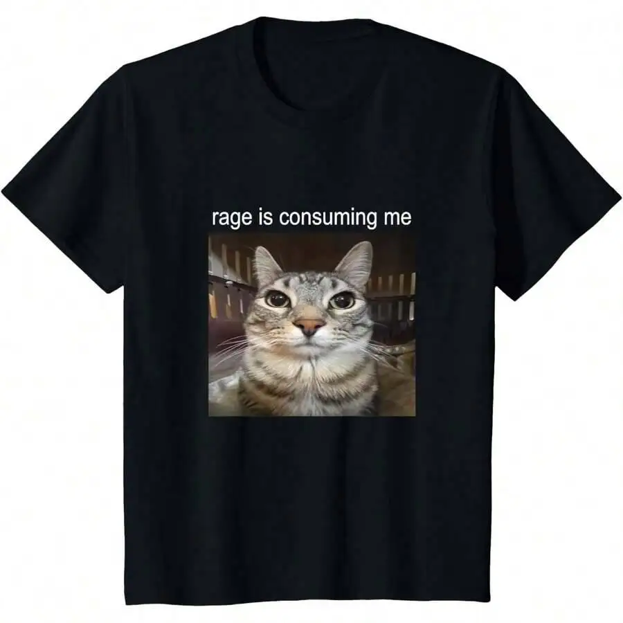 Rage Is Consuming Me Silly Staring Cat Meme T-Shirt 100% Cotton Trendy Y2K Short-Sleeve Tee-Soft, Quick-Drying,