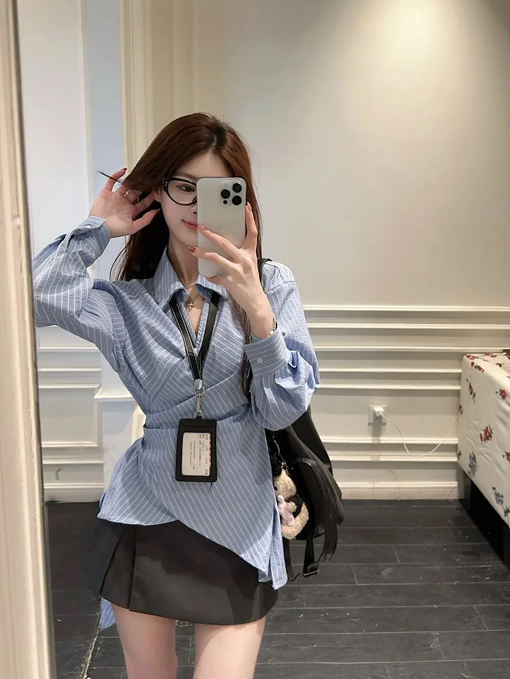

Skirt Sets for Women High-end Spring/summer Designed Niche Simple Casual Striped Lace-up Waist-closed Cross-lapel Shirt+skirt
