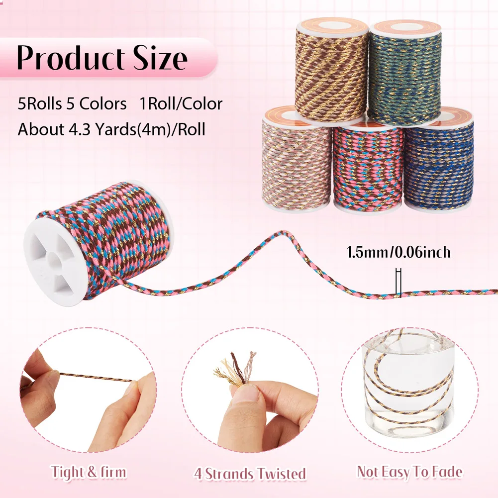 5 Rolls 1.5MM 4-Ply Twisted Polycotton Cord Macrame Cotton Rope for DIY Bracelet Necklace Craft String Knitting Home Decor