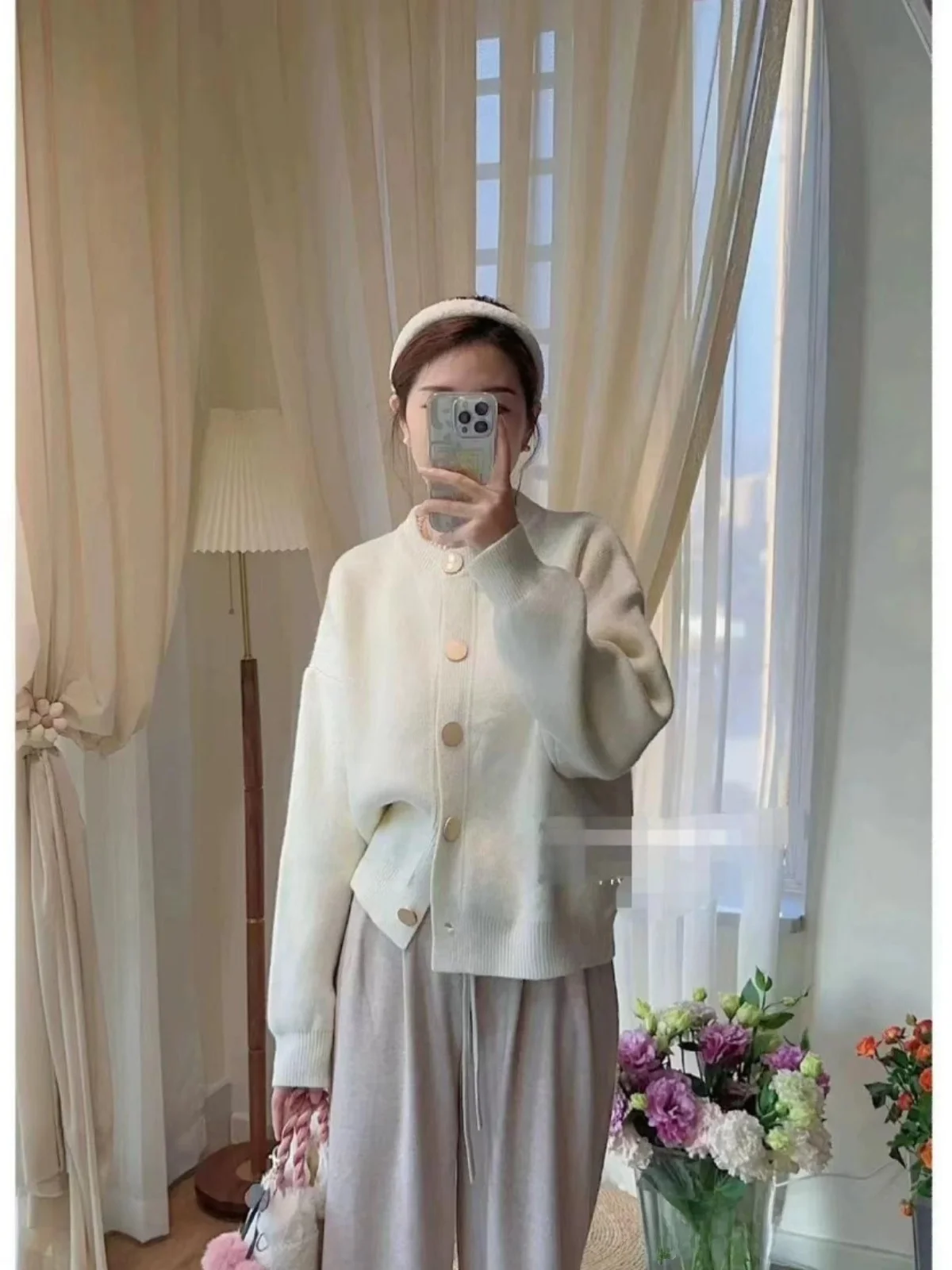 Loose Fit round Ne Knitted Sweater Coat Single Button Pure Color Autumn Winter Women's Faion Commute Sle Long Sve Top