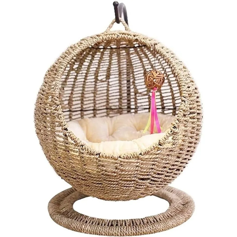 

Padded and Hanging Toys Cage for Cats Swing Basket Pet Bed Cages Indoor Cat Bed Natural Rattan Cat Hammock Washable Pet Chair