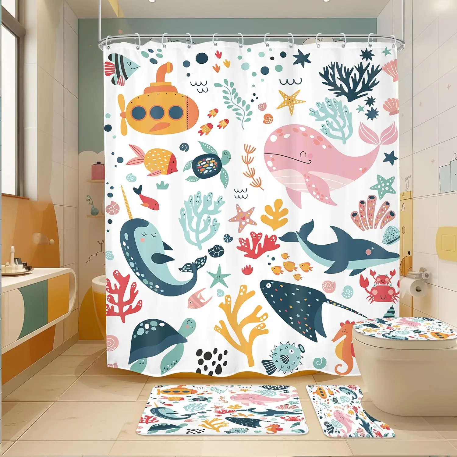 

4 шт. детский набор занавесок для душа 72Wx72H детский набор для ванной комнаты летняя океанская рыба милый кит морское животное забавный подводный коврик для ванной туалет