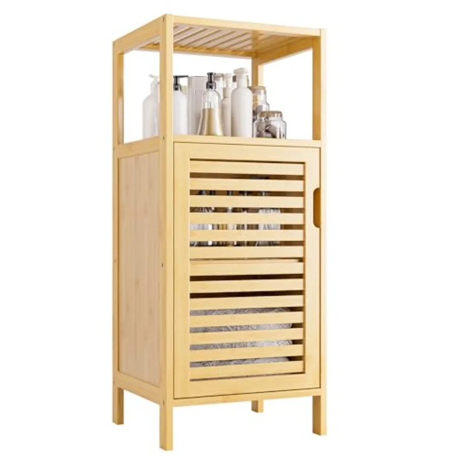 

Bathroom Cabinet Freestanding Small Bamboo Floor Cabinet 4 Tier Single Door Sofa Side Table Storage Organizer Space Saving Kitc