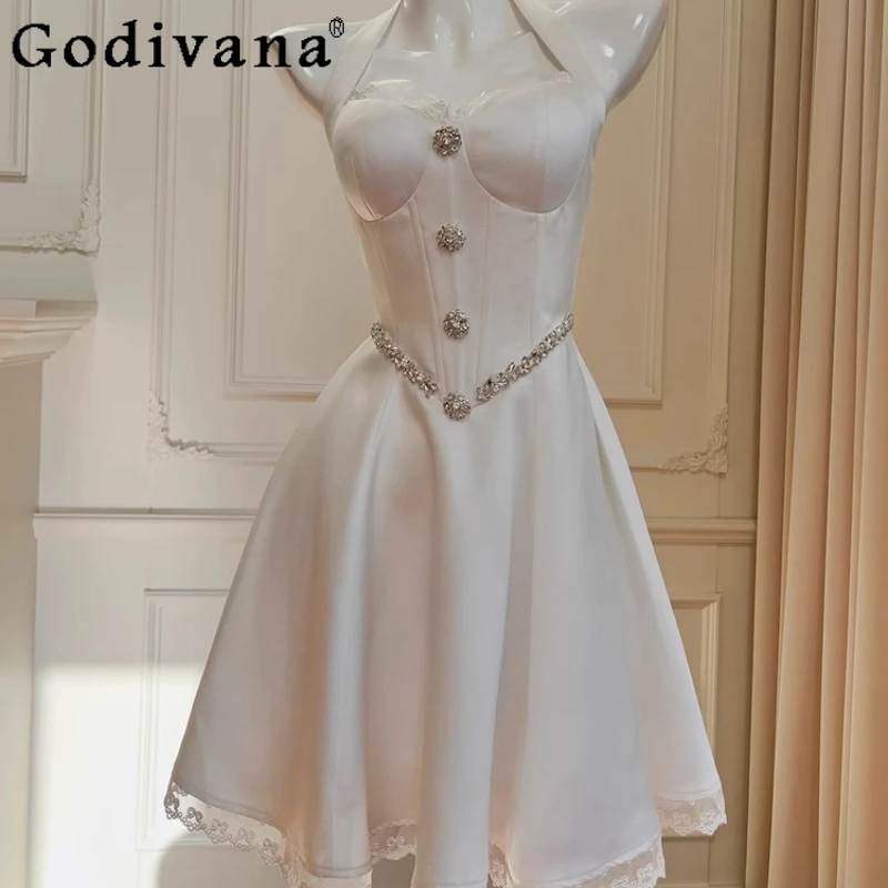 

White Vacation Party Dress for Women Rhinestone Waist Cinching Halter Backless Dress Female Vintage White Birthday Dress