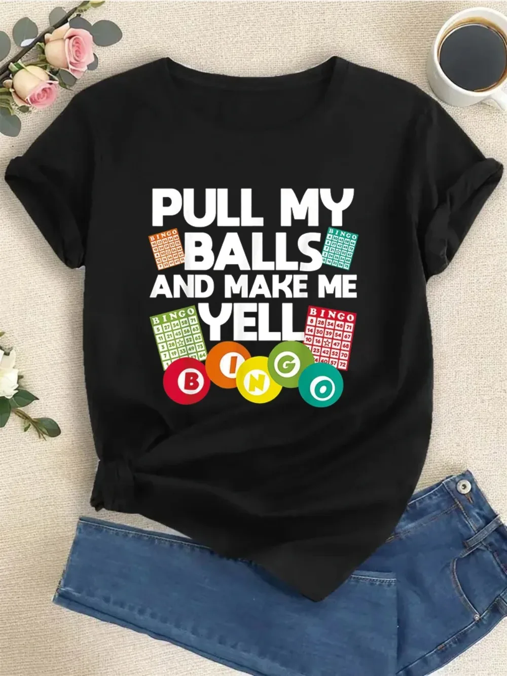 Women's T-shirt Pull My Balls and Make Me Yell Bingo O-Neck Tops Clothes for Women  Short Sleeve Vintage Casual Clothes Tees