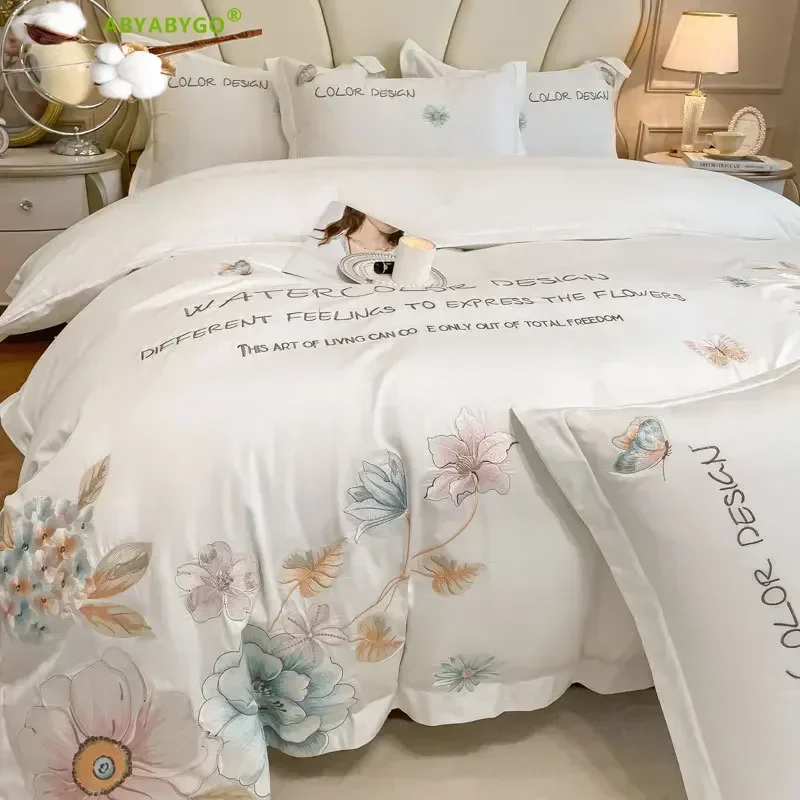 Bedding Set Luxury Egyptian Cotton Bloom Flowers Embroidery Duvet Cover Flat Fitted Bed Sheets and Pillowcases King Queen Size