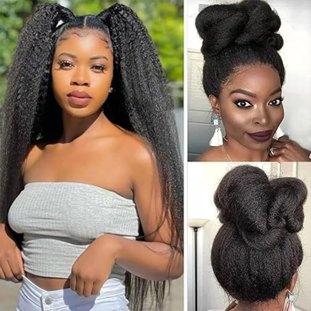 Pelucas delanteras de encaje recto Afro, suaves como cabello humano prearrancado con pelo de bebé, encaje HD transparente Yaki de densidad 210%