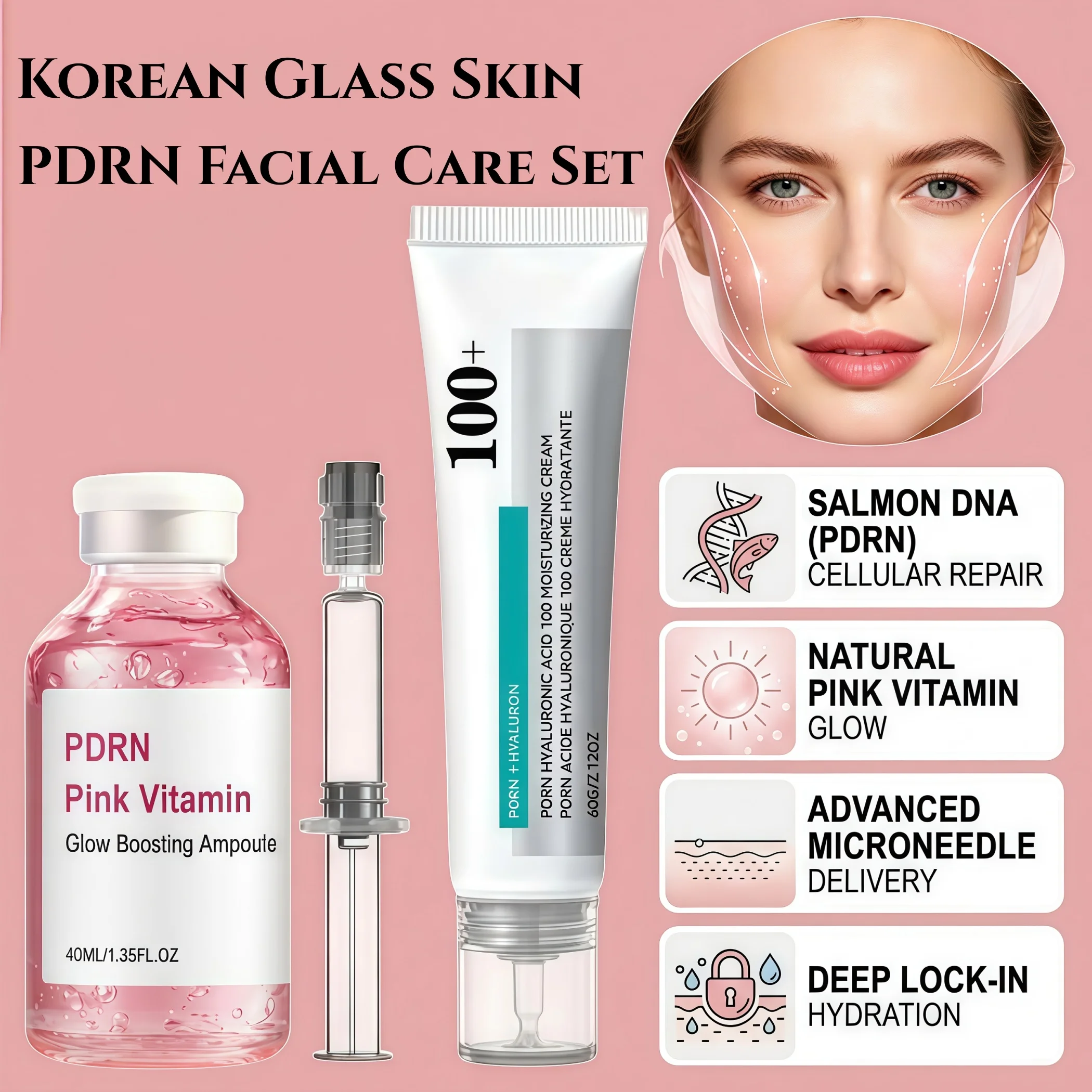Korean Glass Skin PDRN Facial Care Set,Pink Vitamin B12 Glow Boosting&Salmon DNA Technology,Niacinamide Dark Spot Eraser,Glow&Brightening&100+ Hyaluronic Acid Deep Hydration,Skin Regeneration&Barrier Repair,Syringe Precision Dispenser&At Home Micro Coring