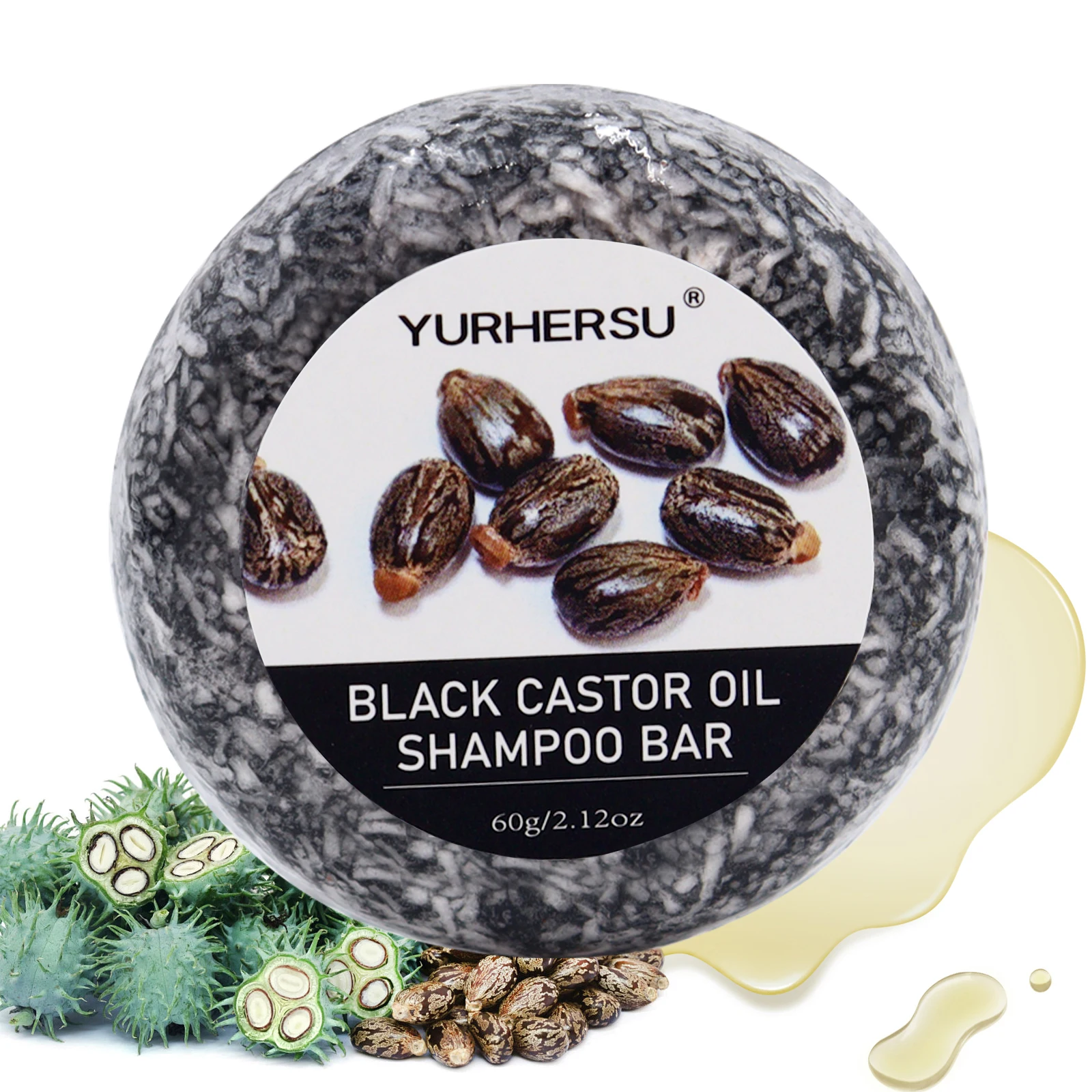 Barre de shampoing et après-shampooing 2 en 1 au ricin noir de 60 g, fabriquée à l'extrait de ricin, nourrit et soucie pour tous types de cheveux.