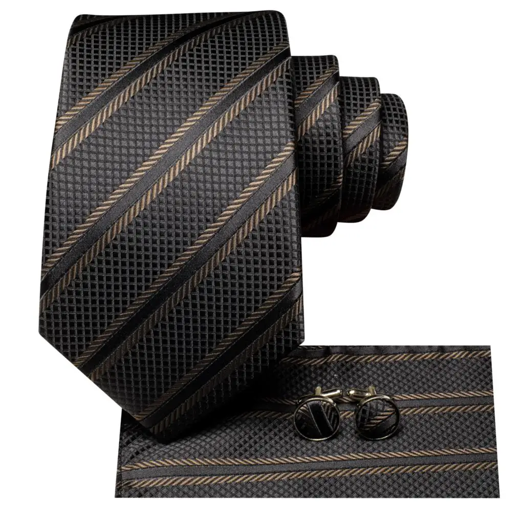 2023 Luxury Striped Black 8.5cm Business Ties For Men Silk Jacquard Woven Mens Necktie Brooch Cufflink Hanky Set Hi-Tie Designer