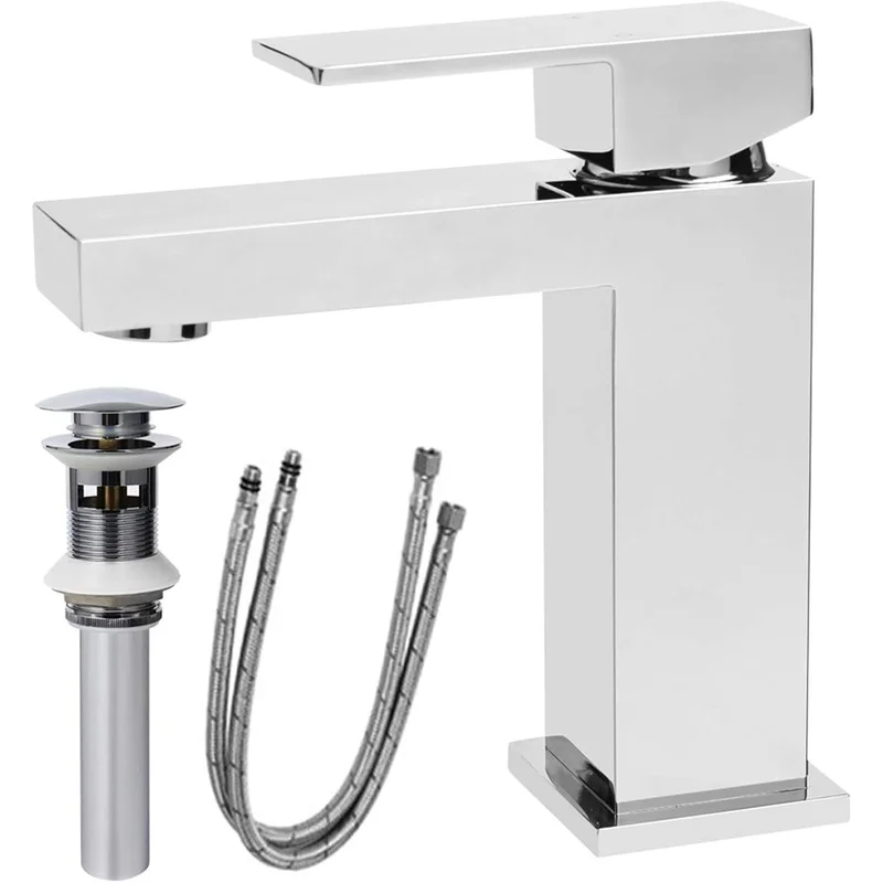 

Modern Single-Hole Chrome Bathroom Faucet, Solid Brass Square Basin Sink Faucet with Pop-Up Drain, Heavy Duty Single Handle Design