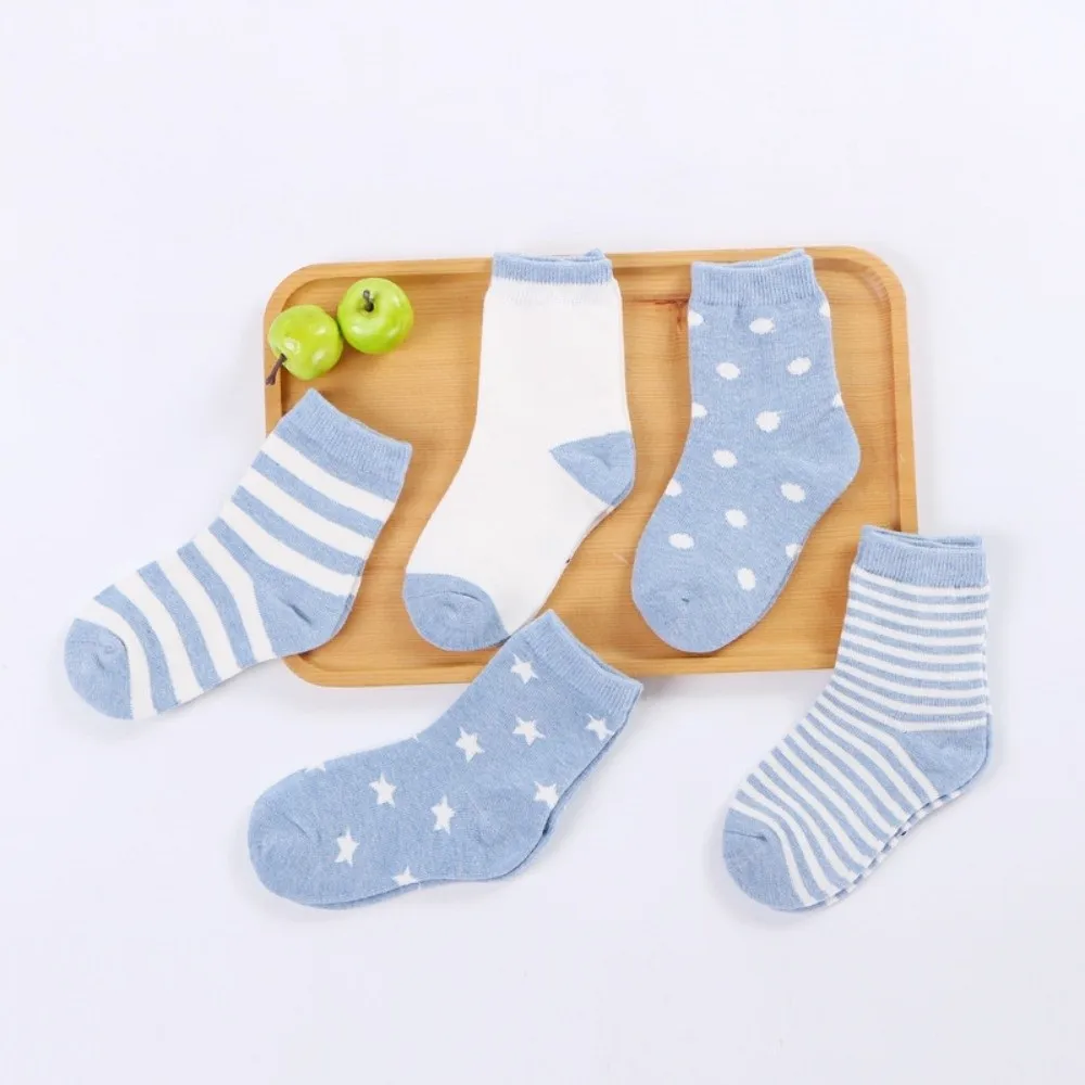 5 Pairs Classic Soft Cotton Toddler Socks Autumn Winter Strips Spots Mid-calf Socks Breathable Girls Boys Socks for 0-5 Years