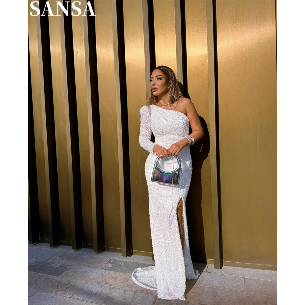 

Sansa Princess A-line Sequin Porm Dress Customized Floor-Length One Shoulder Wedding Dress Side Splite A-line Vestidos De Fiesta