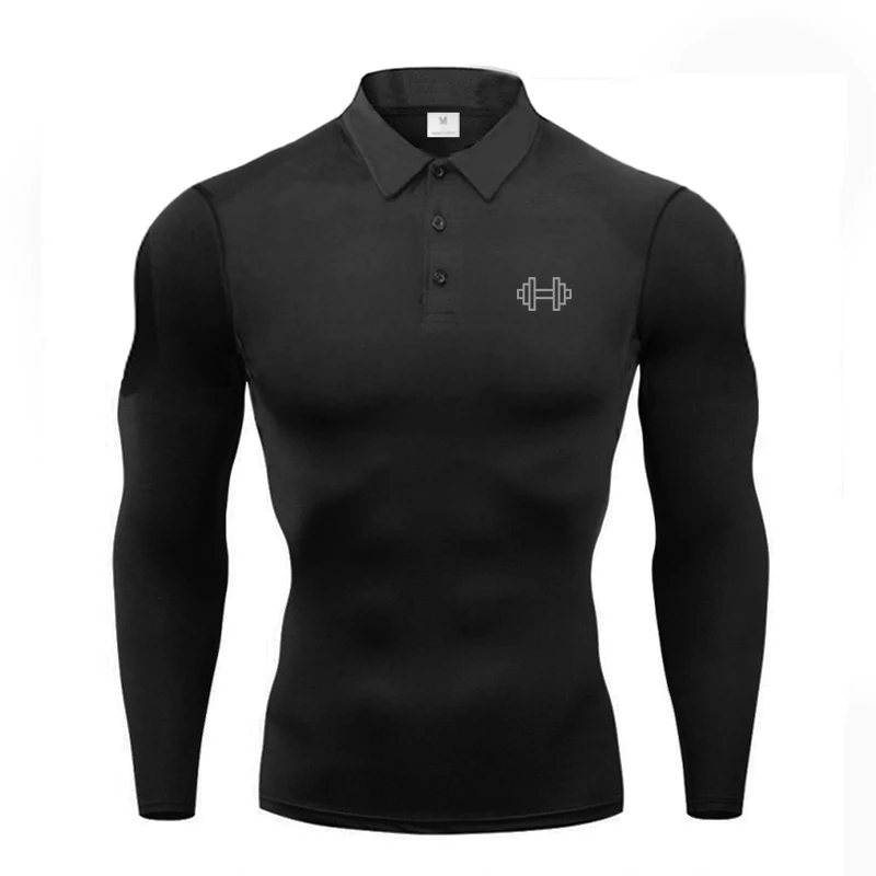 Men's Autumn Running Polo Shirts Long Sleeve Button Moisture Quick Dry Athletic Workout Compression Fitness Reflective Barbell