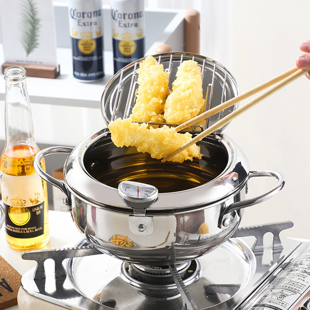 Frittiertopf 2,2L aus 304 Edelstahl mit Thermometer und Deckel, 20 cm Tempura-Fritteuse im japanischen Stil mit 2 Griffen, Kochutensil
