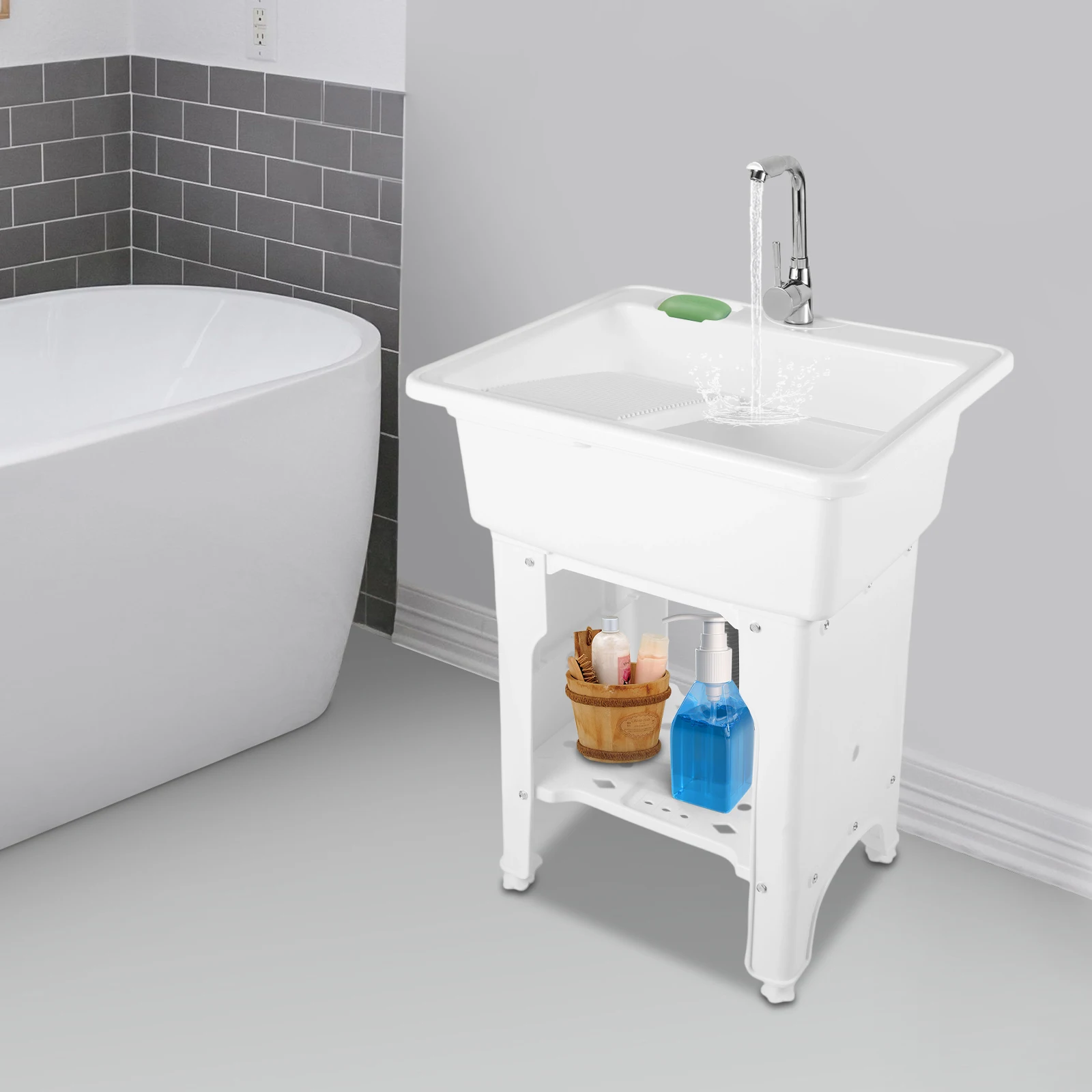 

Utility Sink, Freestanding Plastic Laundry Sink with Hoses Drain Kit Commercial Kitchen Single Bowl Sink with Washboard and Hot and Cold Faucet for Laundry, Bathrooms, Sundry Rooms