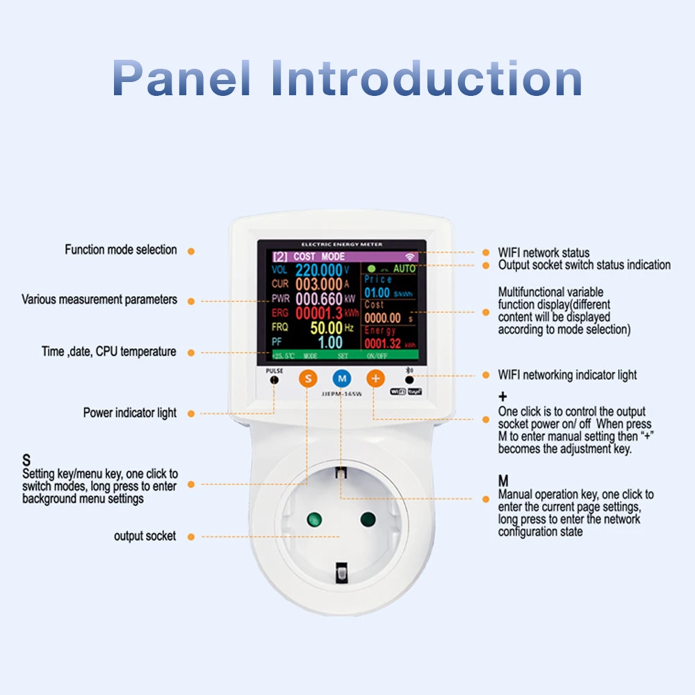 AC 220V 디지털 전력계 소켓 Tuya WiFi 타이머 스위치 전기 에너지 미터 저전압 과전류 보호기 EU 플러그