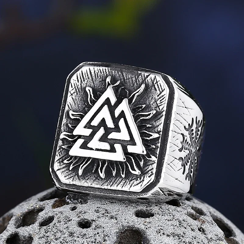 Viking Mens Stainless Steel Amulet Ring With Compass Triangle Odin Vegvisir Rings Nordic Talisman Biker Jewelry Gift for Men