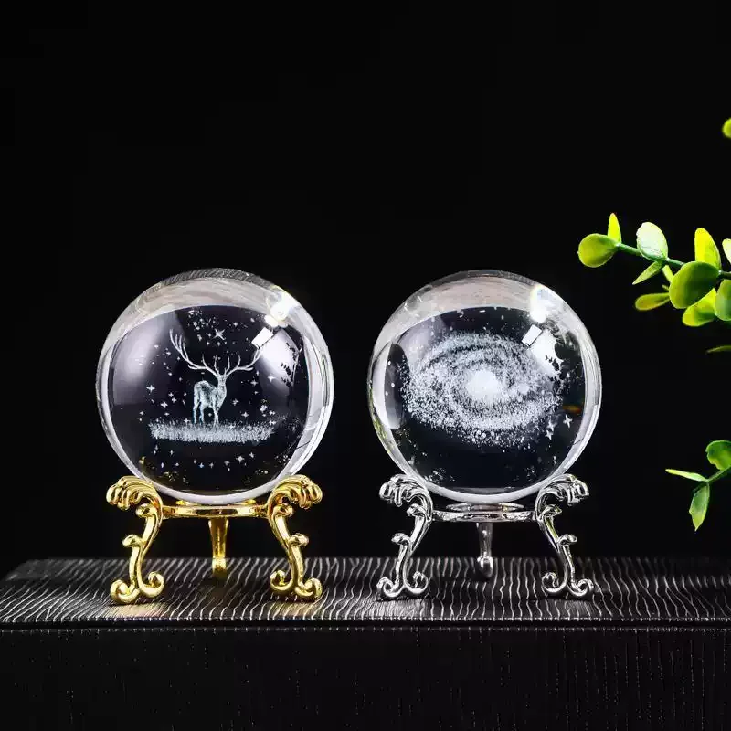 60mm 3D Crystal Ball Laser Engraved Glass Ornaments Animal Figurine Collectibles Paperweight Home Art Decor with Stand