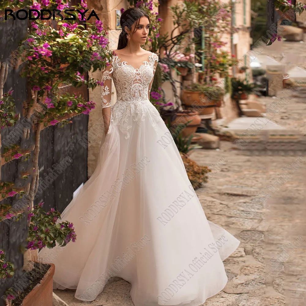 RODRSYA Boho 3/4 Maniche Abiti da sposa A-Line Scoop Pizzo Applique Abiti da sposa Sweep TRODDRSYA Boho 3/4 maniche abito da sposa a-line Scoop pizzo Applique abiti da sposa Sweep Train Tulle Illusion Vestidos De Novia