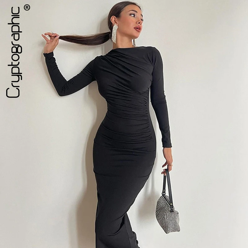 Cryptografische herfst elegante ruches lange bodycon jurk mode outfits voor vrouwen club party slinky sexy jurken verjaardag gewaden