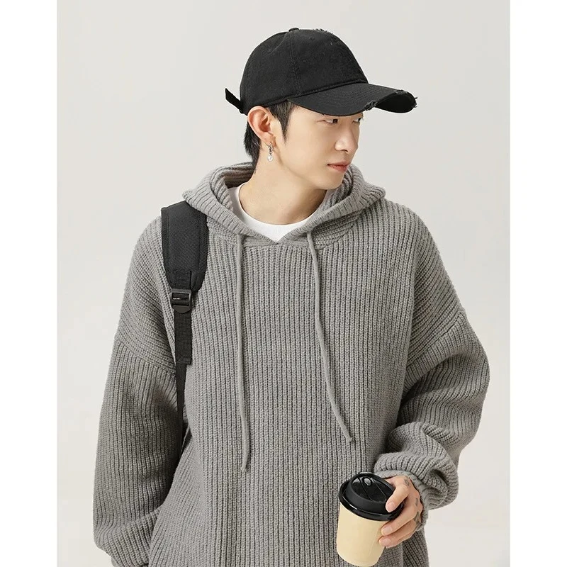 2025 Winter Autumn New Fashion Men's Solid Color Casual Trendy Sweater Loose Long Sleeve Hooded Basic Knitted Sweaters