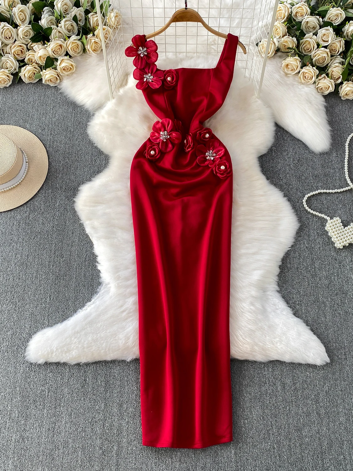 Abito da sera Ele da donna di fascia alta impreziosito slim fit colletto quadrato lungo Dr Ball Dr Sli ricamo floreale 3D