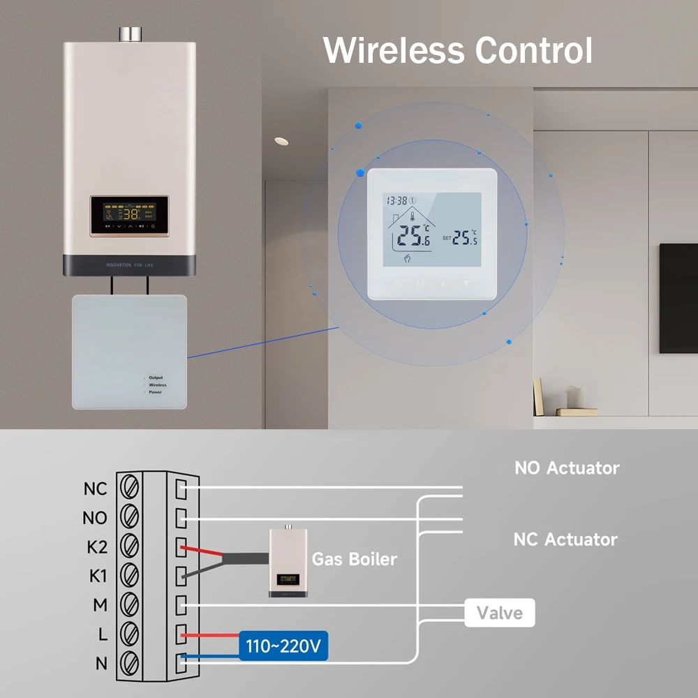 Termostato Wi-Fi sem fio para Aquecimento da Caldeira a Gás, Receptor RF, Controlador de Temperatura, Alice, Google Home, Bateria Tuya