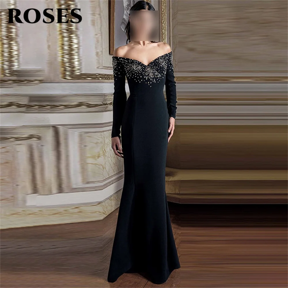 ROSES Black Prom Dress Boat Neck Off Shoulder Celebrity Dress Beading On Chest Women's Evening Dresses Formal Gown Customized