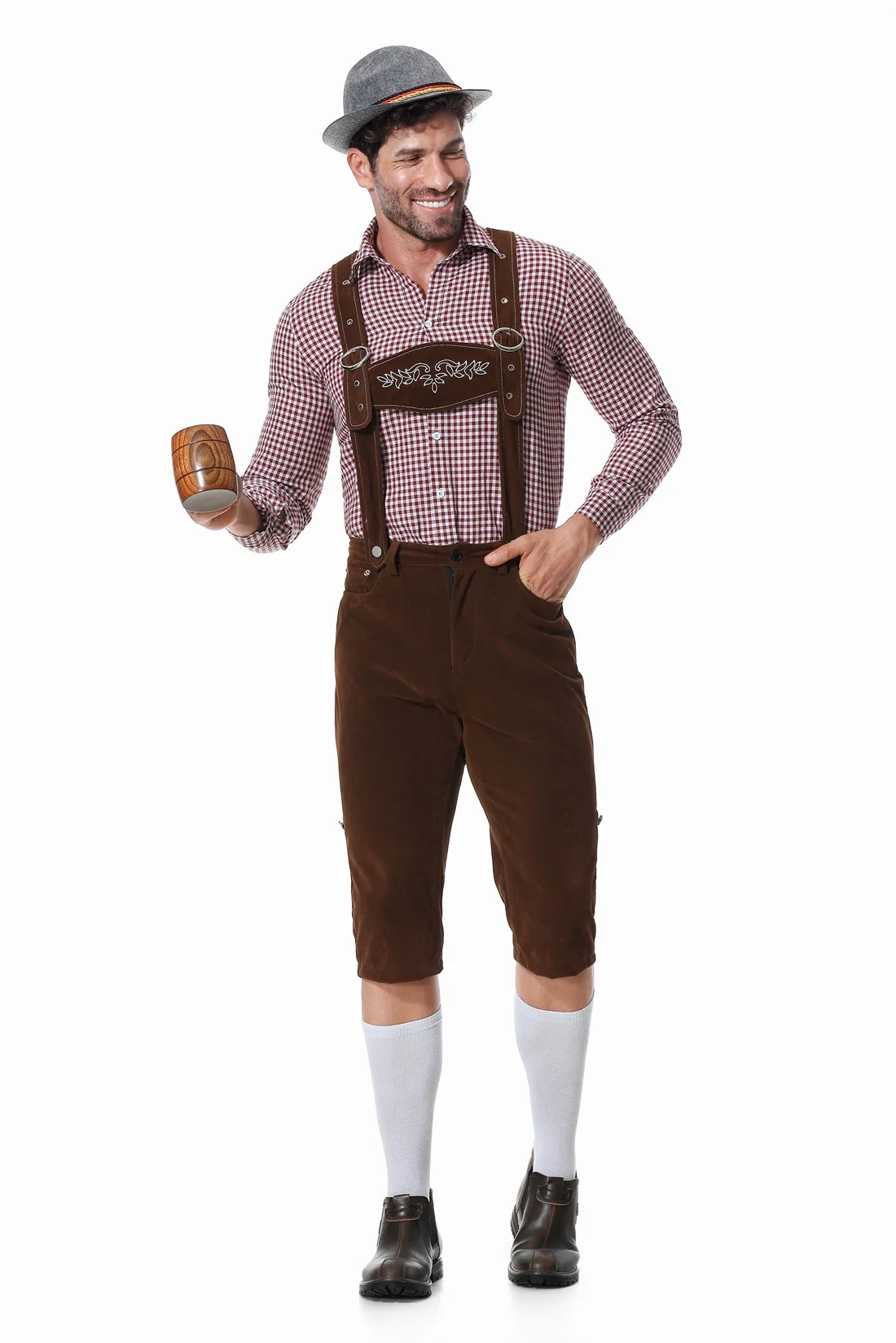 Oktoberfest Lenhosen Costume Set para Homens, Bávaro, Festivais de Cerveja Alemã, Suspensórios, Camisa, Chapéu, Trajes Cosplay Masculinos, 3 Pcs