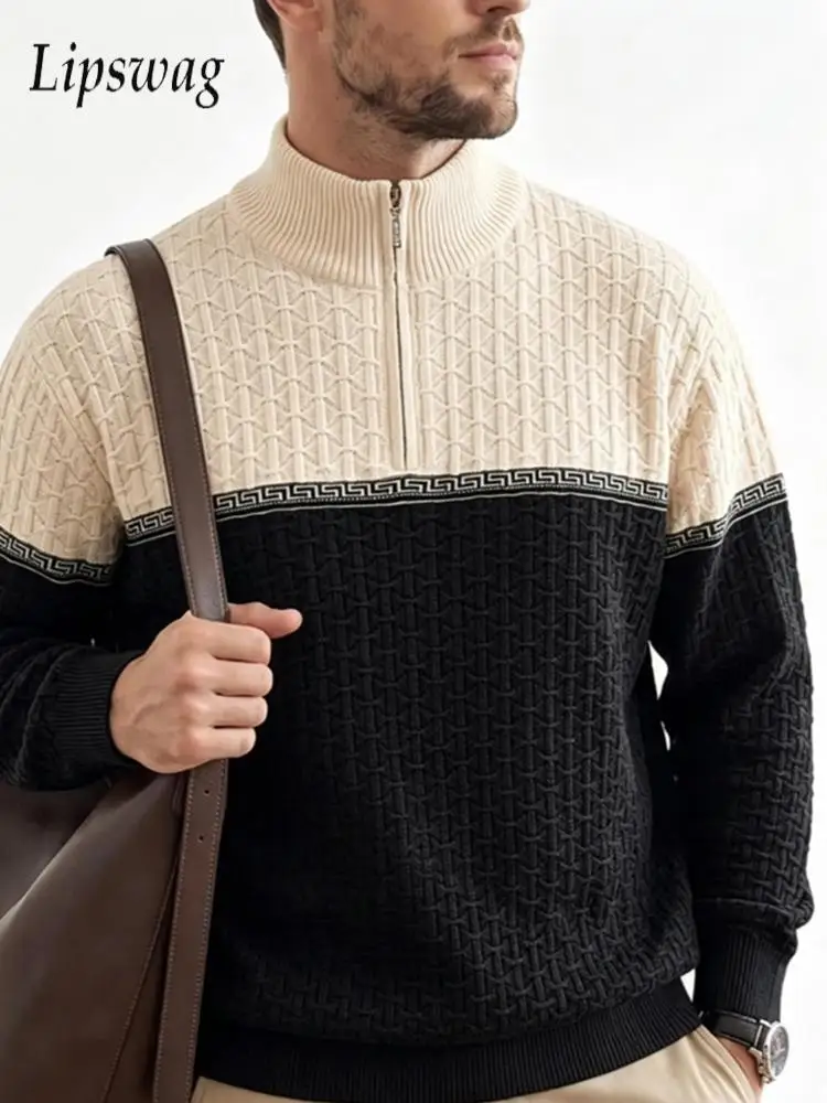 Daily Outdoor Contrast Color Shirt Tops Mens Autumn Fashionable Zip Stand Collar Knitted Shirt Knit Long Sleeve Polo Shirts Male
