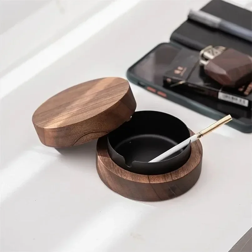 Ceniceros de madera de nogal con tapa, Cenicero cubierto a prueba de viento, revestimiento de acero inoxidable, Cenicero interior y exterior para el hogar