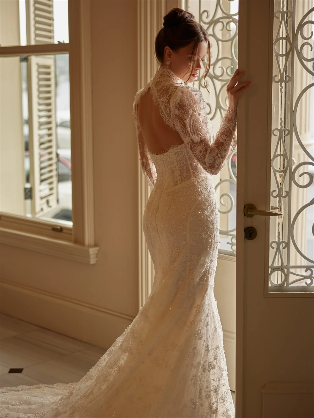 فستان زفاف بوهو عاجي مخصص من الدانتيل كلاسيكي على شكل قلب بدون أكمام زي العرائس حالمة حورية البحر ذيل محكمة فيستدو دي نوفيا