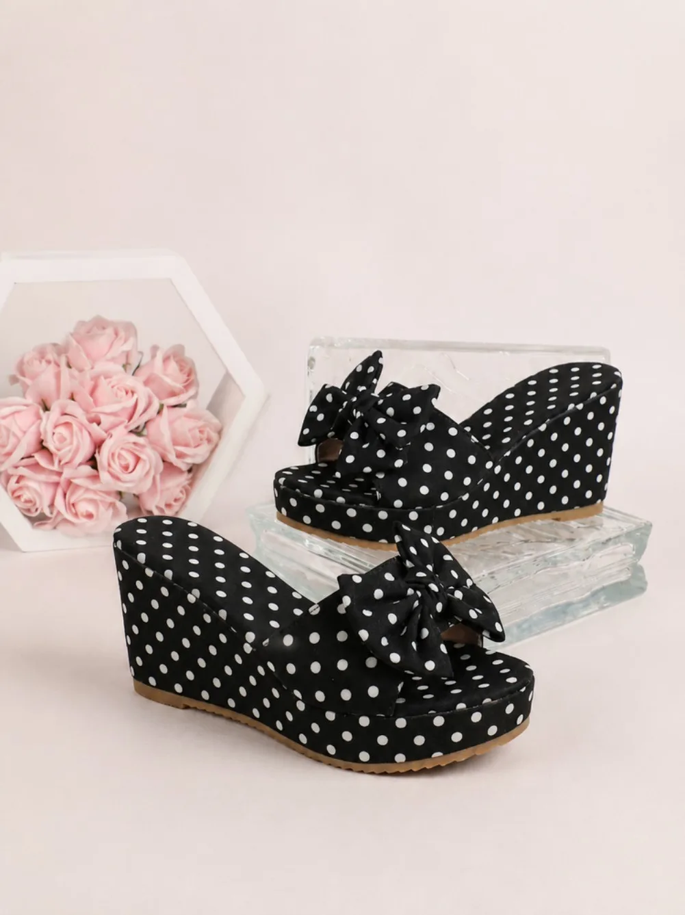 Übergröße 43 Damen Polka Dot Keilabsatz-Sandalen mit Schleifendekor Knöchelriemen Plateau-Schuhe Sommer Strand Fußbekleidung – Detail 12