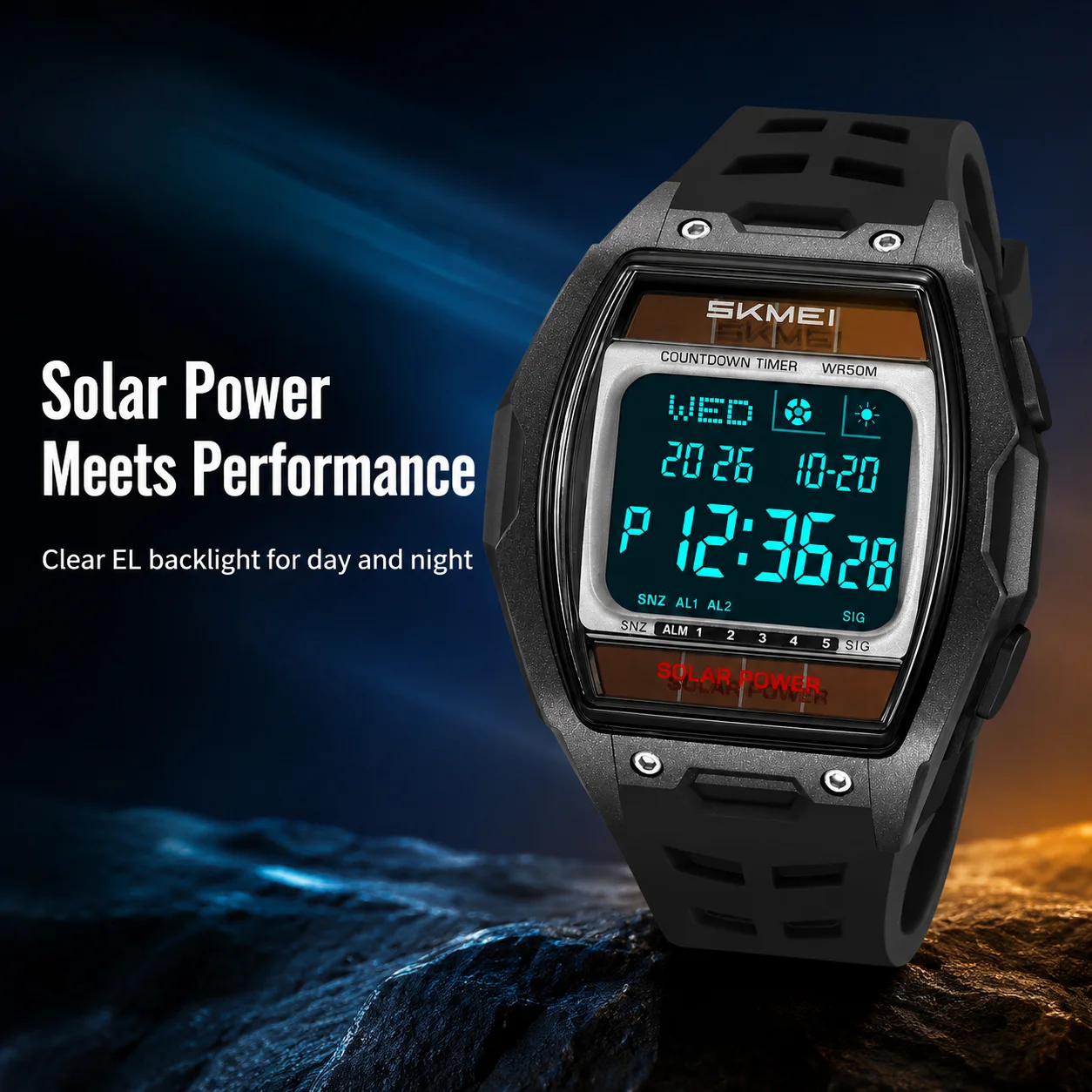 SKMEI 2750 Men Sports Digital Watches 5Bar Waterproof Men's Wristwatch Solar Supply EL Light Countdown Timer Week Date Clock