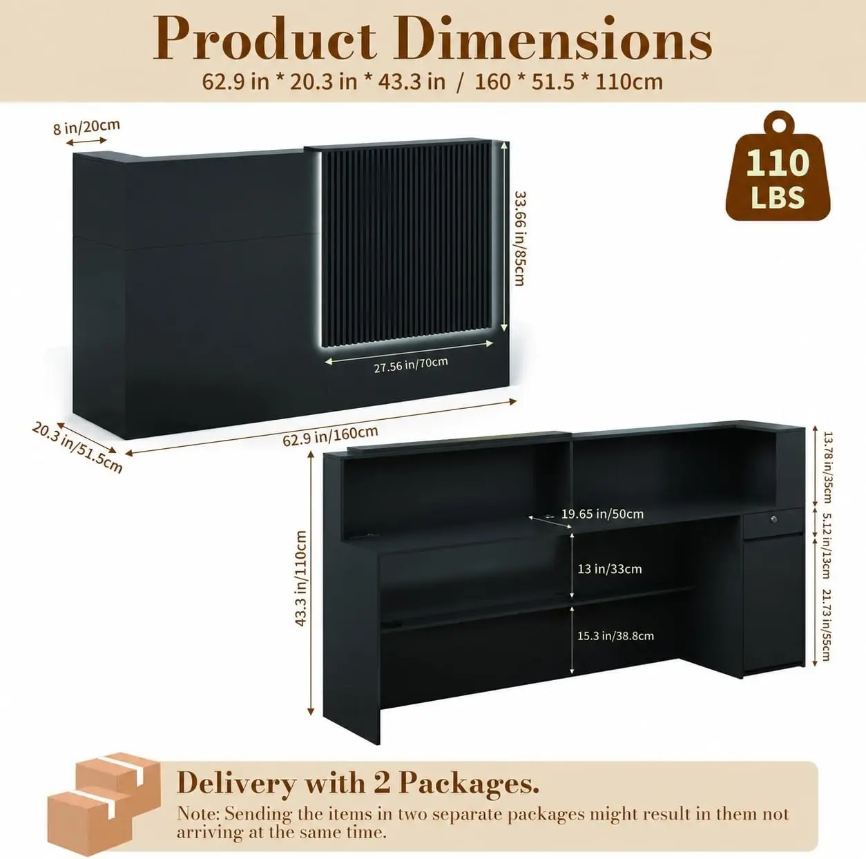 63 Inch Modern Reception Desk Lockable Drawers Dual Level Counter Charging Ports LED Light Engineered Wood Service Counter