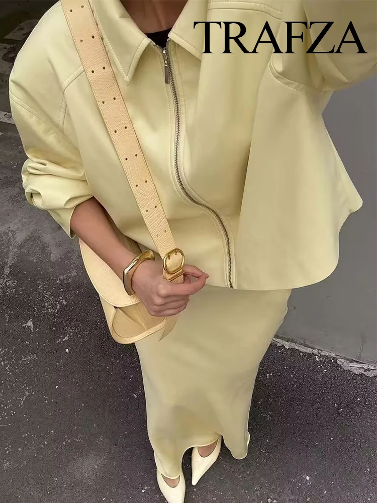 

HH Female Autumn Fashion Vintage Yellow Lapel Zipper Long Sleeve Outerwear Female High Street Causal PU Leather Jacket Mujer